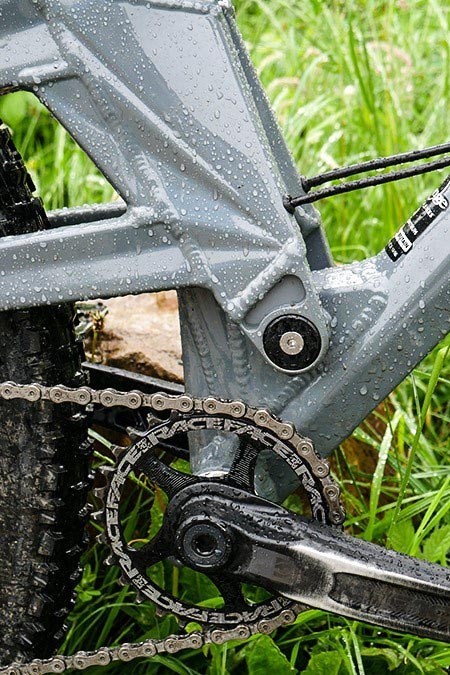 A close up showing the pivot point of the frame and how it helps to absorb the bumps of the MTBer